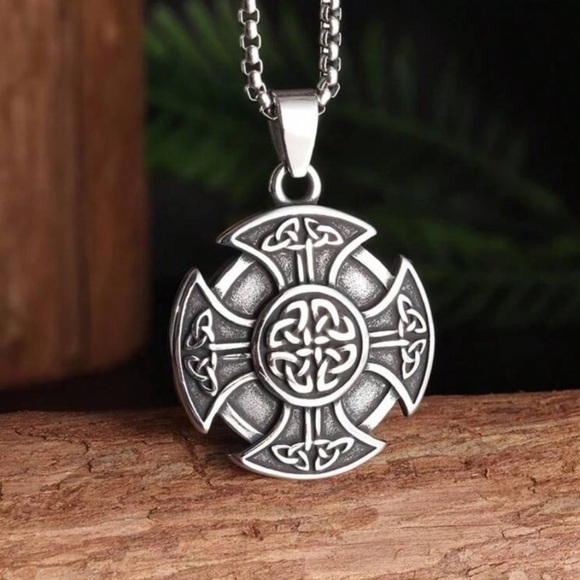 Silver Celtic Cross Pendant Necklace, Celtic Cross Necklace, Shield Necklace - Picture 2 of 4